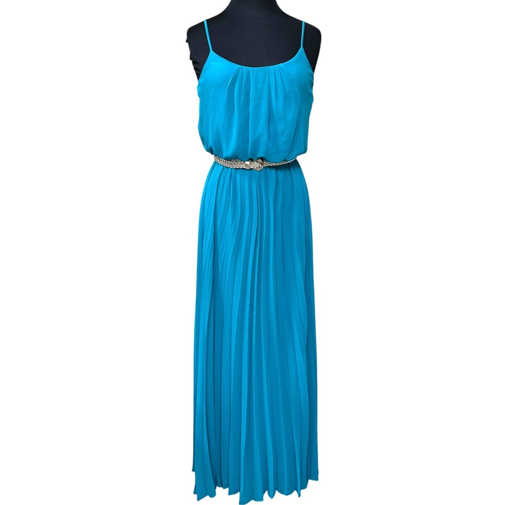 BISOU BISOU Michele Bohbot Teal Blue Pleated Maxi Dress Spaghetti Strap Size 6